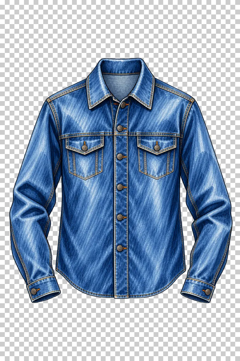 A blue denim shirt with long cuffed sleeves, chest pockets and a curved hem, drawn in alcohol markers.