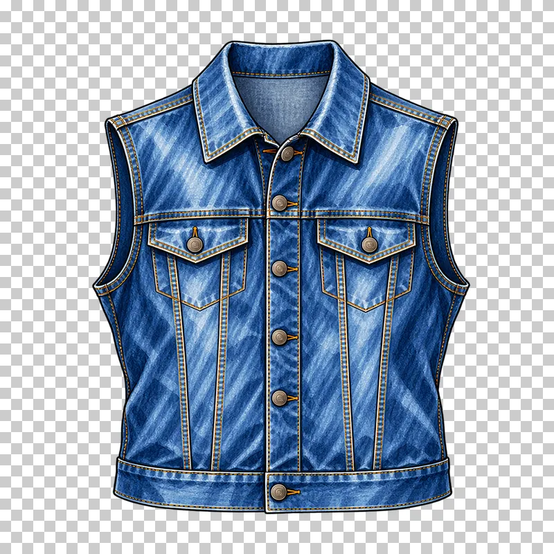 A sleeveless blue denim vest with finished armholes, chest flap pockets and ochre panel stitching.