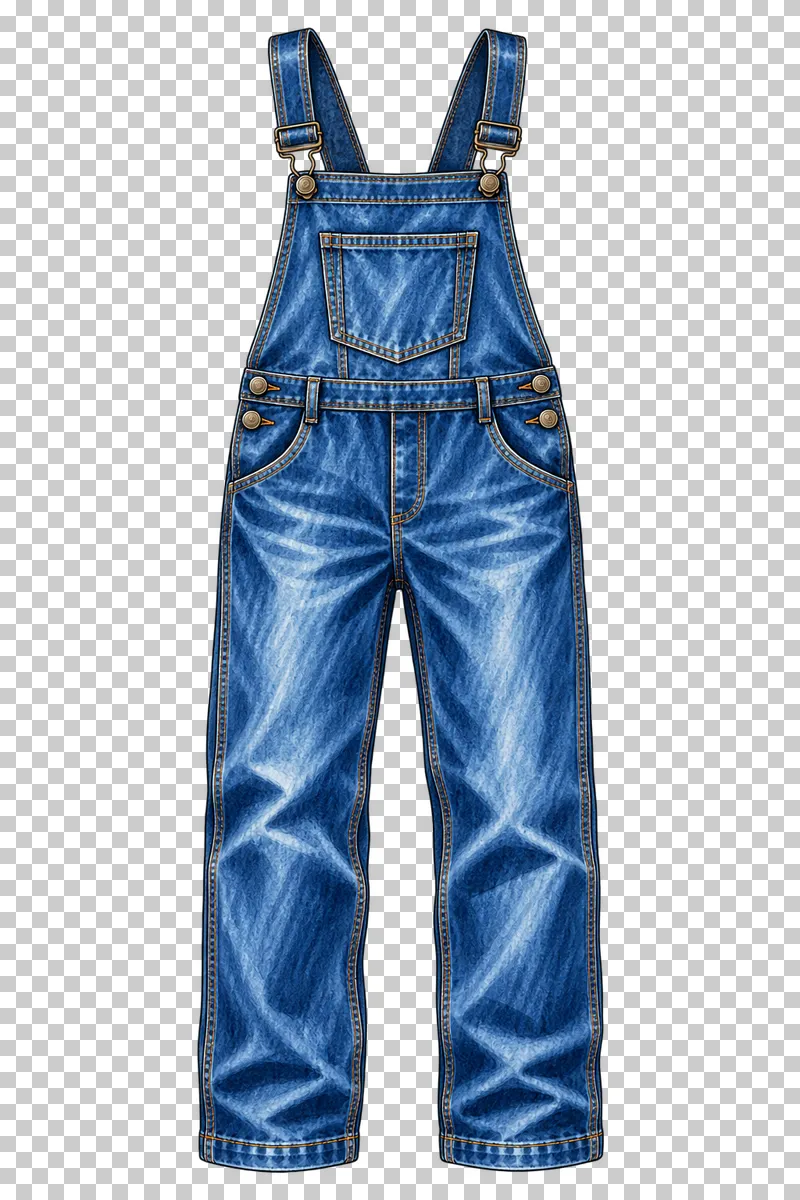 Blue denim bib overalls with two buckle straps, a bib pocket and two full-length trouser legs.