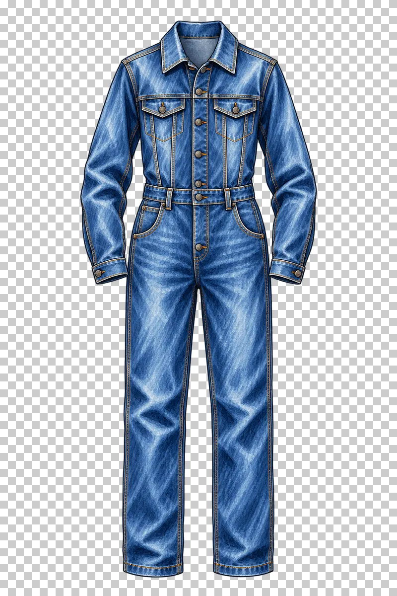 A blue denim jumpsuit with a collared long-sleeve bodice, front buttons and two straight trouser legs.