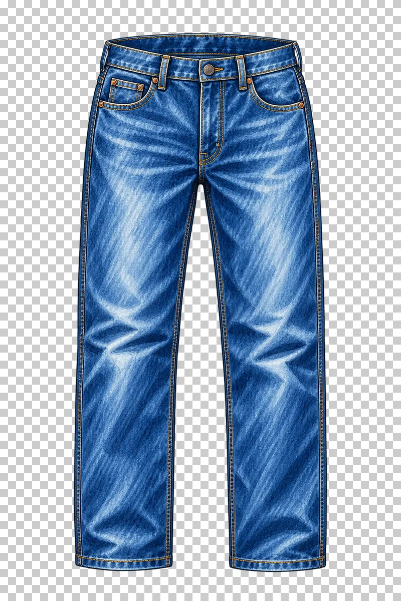 Blue straight-leg jeans with front pockets, belt loops and natural folds drawn in layered marker strokes.