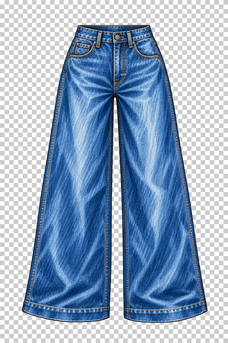 Blue high-rise wide-leg jeans with front pockets, broad hems and long vertical marker-drawn folds.