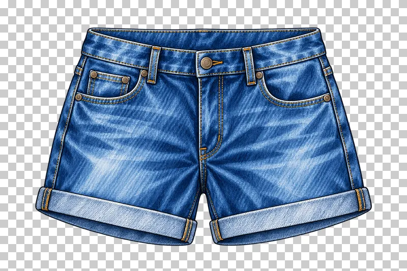 Blue denim shorts with front pockets, belt loops and two turned-up hems, drawn in alcohol markers.