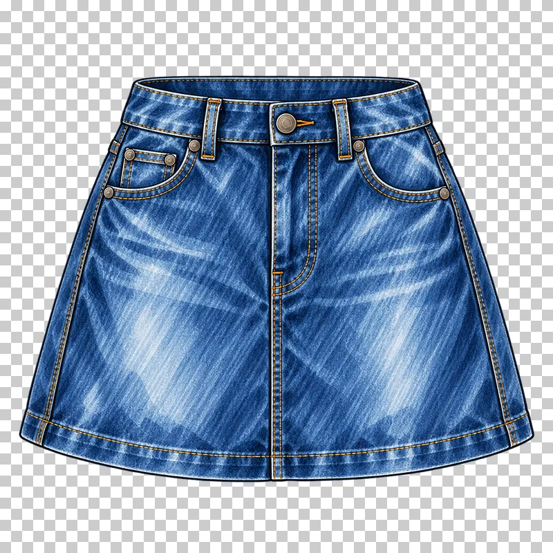 A blue A-line denim mini skirt with front pockets, a fly seam and an intact ochre-stitched hem.