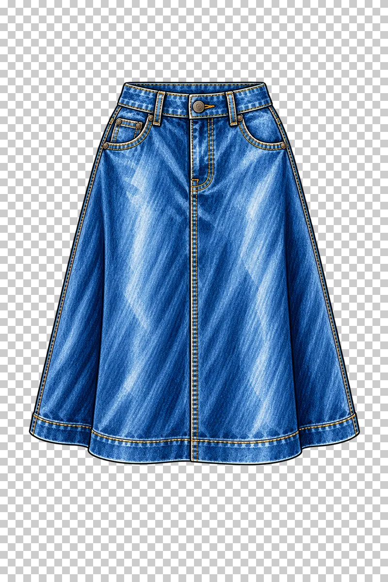 A blue A-line denim midi skirt with front pockets, a continuous center seam and softly folded fabric.