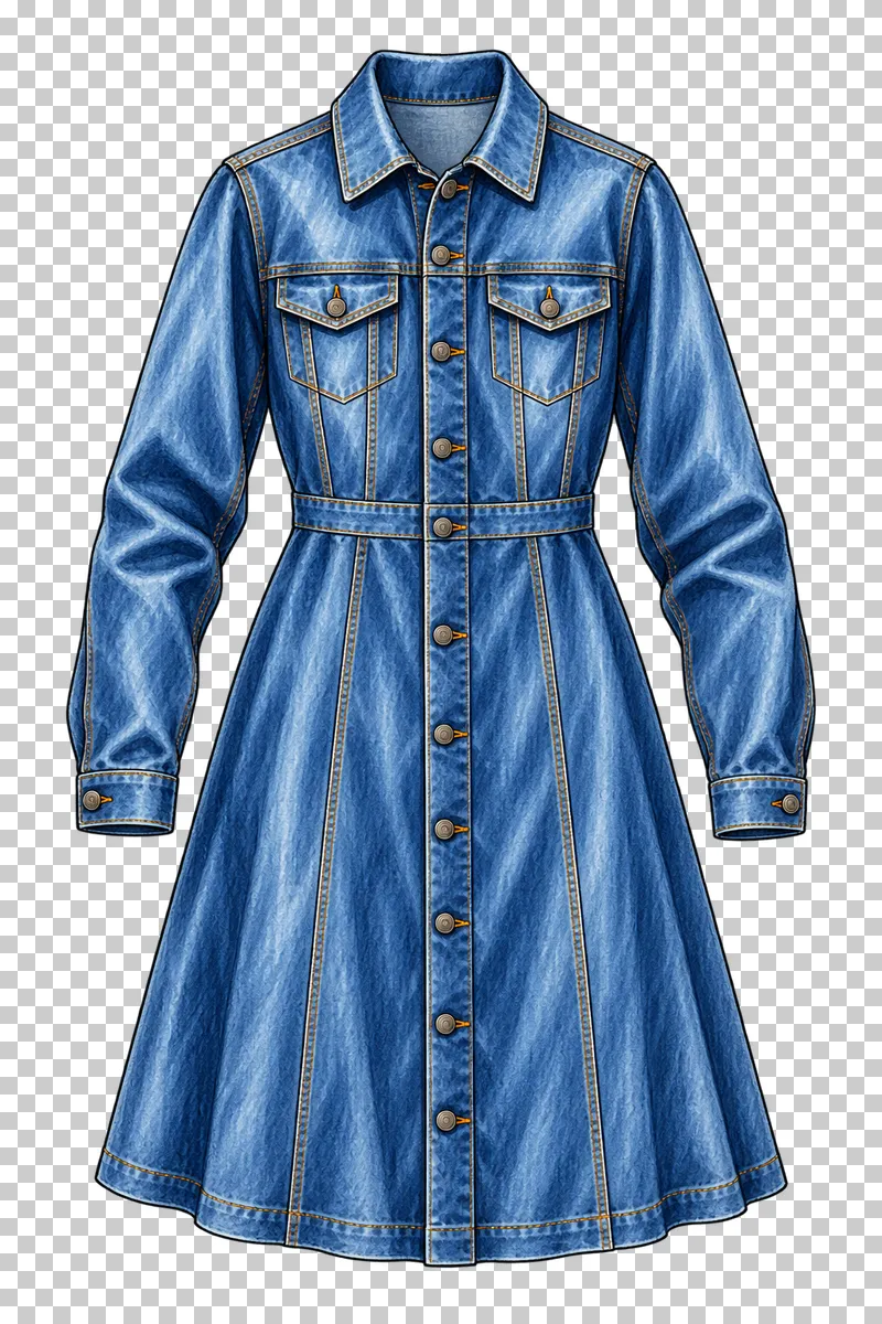 A blue denim shirt dress with a pointed collar, long cuffed sleeves, front buttons and a flared skirt.