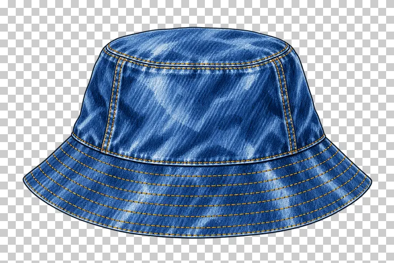 A blue denim bucket hat with a flat-topped crown, a continuous sloping brim and concentric ochre stitching.