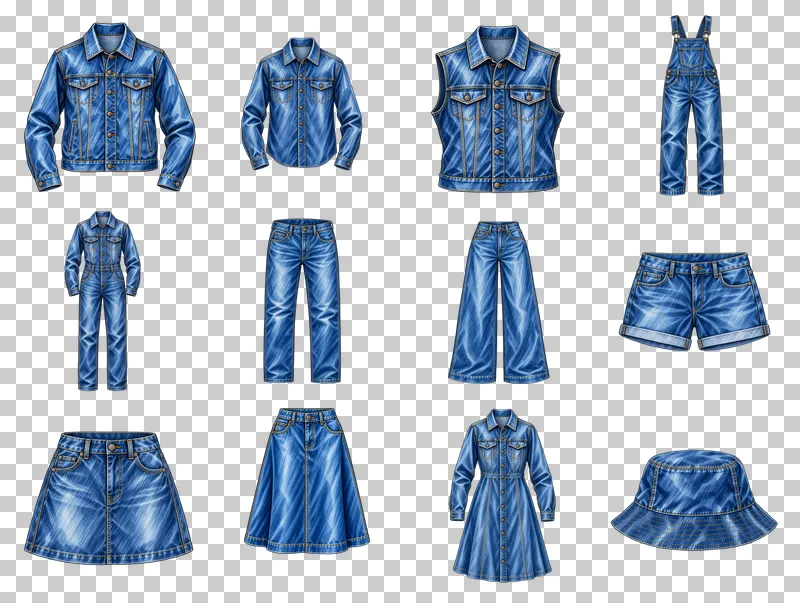 Denim Wardrobe Sketches PNG Collection: all 12 elements in one grid