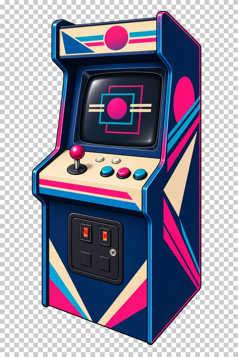 Airbrushed upright arcade cabinet with navy panels, a beige control deck, one magenta joystick and a geometric CRT display.