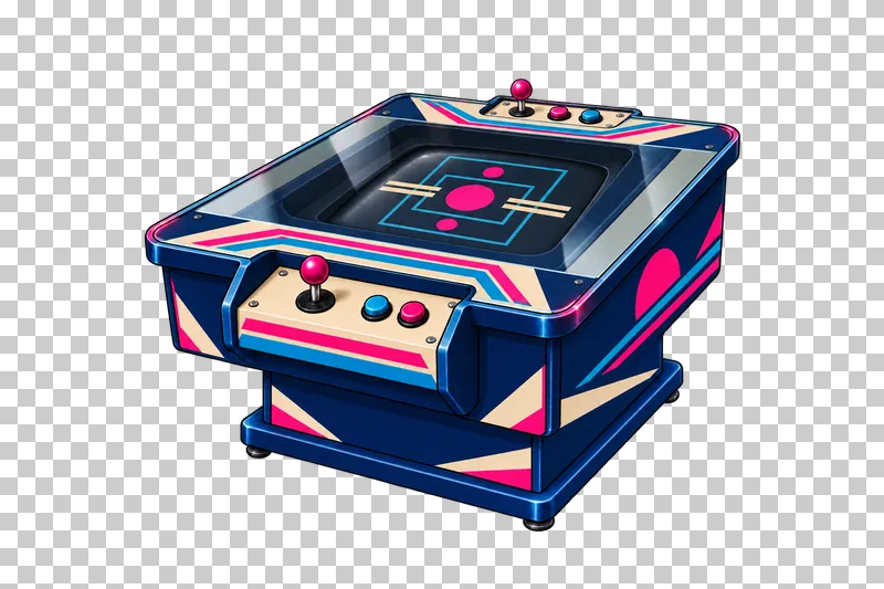 Cocktail arcade table with a horizontal glass-covered screen and joystick controls at opposite ends.