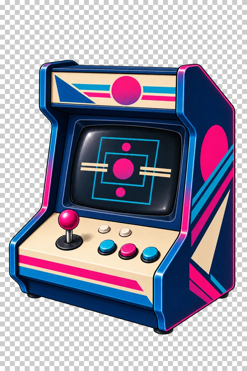 Compact bartop arcade cabinet with a navy case, beige control panel and cyan and magenta geometric artwork.
