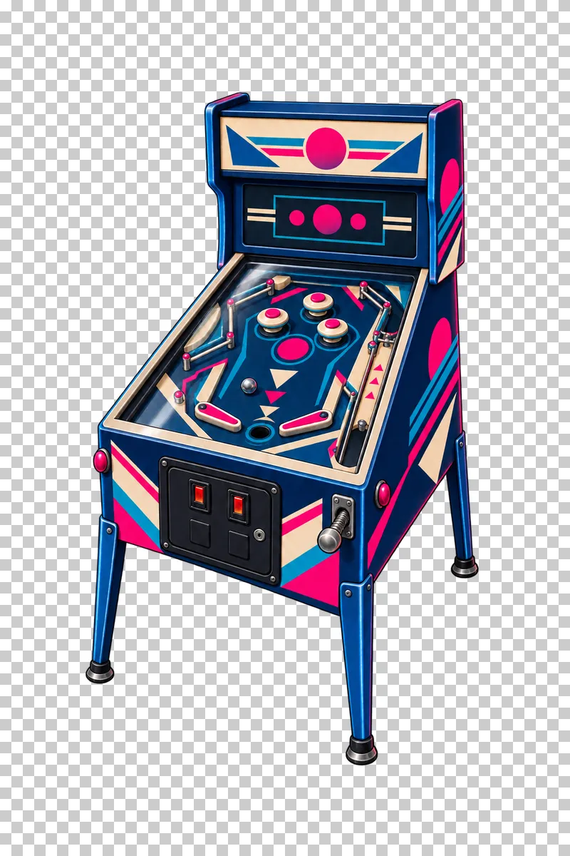 Retro pinball machine with a sloping playfield, two flippers, three bumpers, a ball and a front spring plunger.