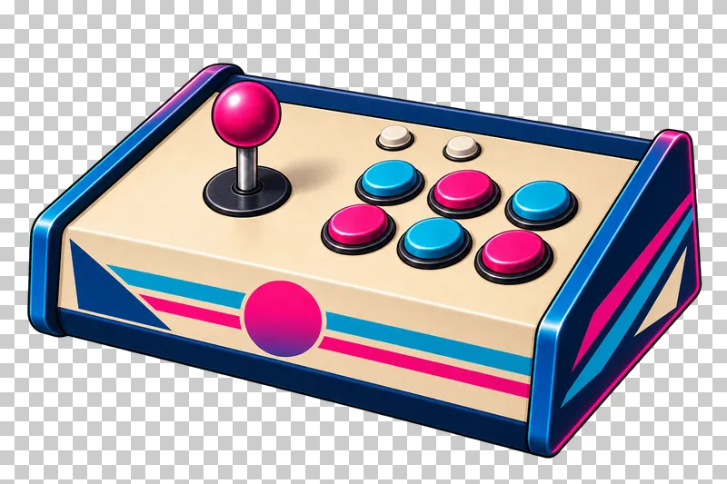 Standalone arcade controller with a magenta ball-top joystick and six cyan and magenta action buttons.