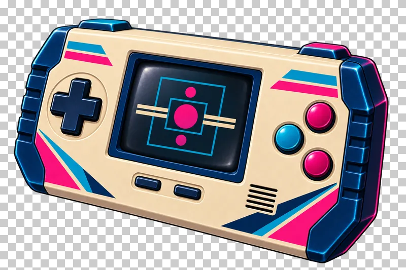 Beige handheld game console with navy grips, a directional pad, three action buttons and a geometric display.