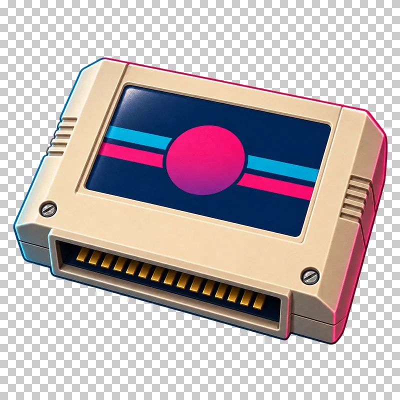 Beige game cartridge with a navy geometric label, two screws and recessed gold connector contacts.