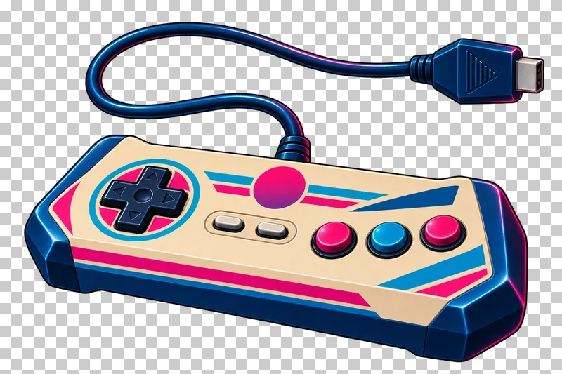 Wired beige and navy gamepad with a directional pad, three action buttons and a continuous cable ending in a connector.