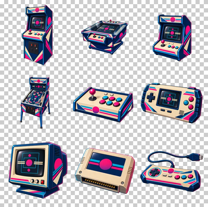 Retro Arcade Hardware PNG Collection: all 9 elements in one grid
