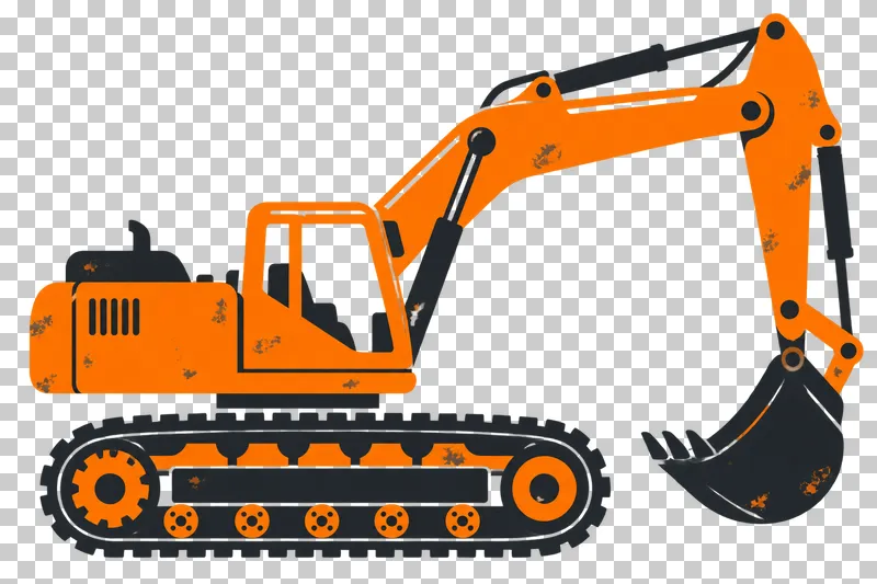 An orange and graphite stencil tracked excavator with a raised arm and toothed bucket.