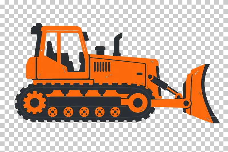 An orange and graphite stencil bulldozer with continuous tracks and a front blade.