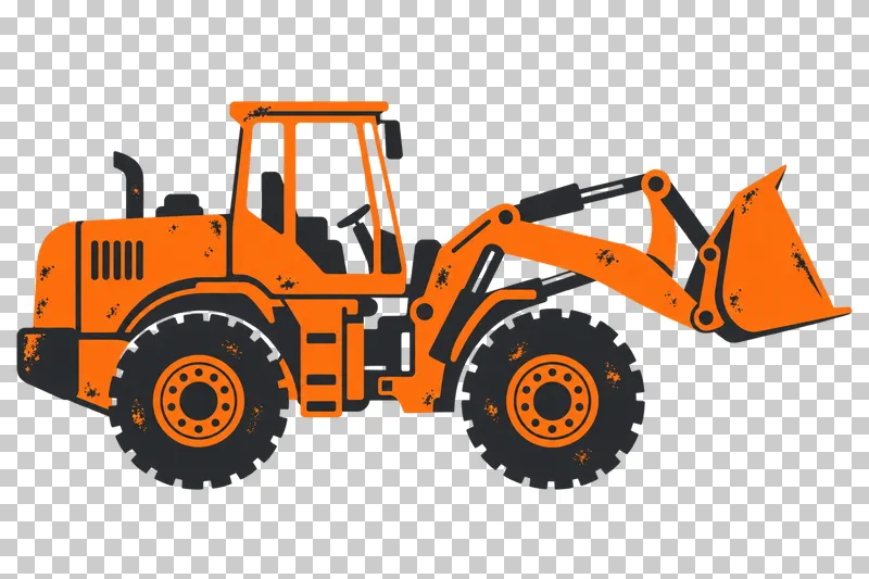 An orange and graphite stencil wheel loader with two visible tires and a raised bucket.