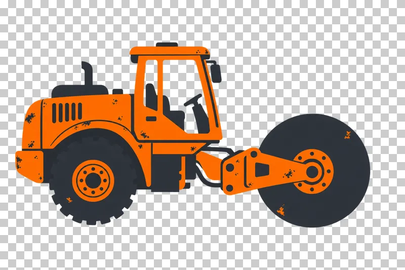 An orange and graphite stencil road roller with a rear tire and a front steel drum.
