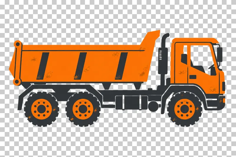 An orange and graphite stencil three-axle dump truck with a lowered cargo bed.