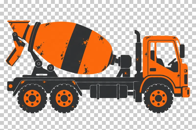 An orange and graphite stencil three-axle concrete mixer truck with a supported drum and rear chute.