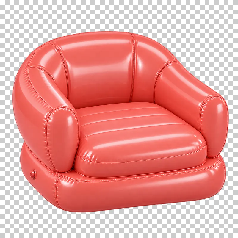 A coral inflatable club armchair with slim rounded arms, a ribbed seat and visible vinyl weld seams.