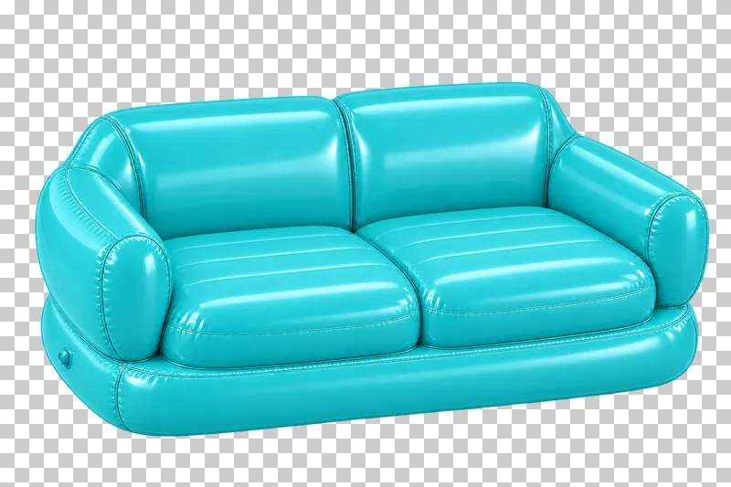 A turquoise inflatable two-seater sofa with two seat cushions, two back panels and rounded armrests.