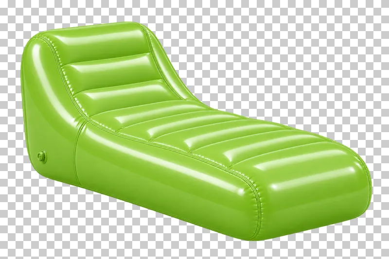 A lime-green inflatable chaise lounge with a ribbed reclining surface and a continuous wedge base.