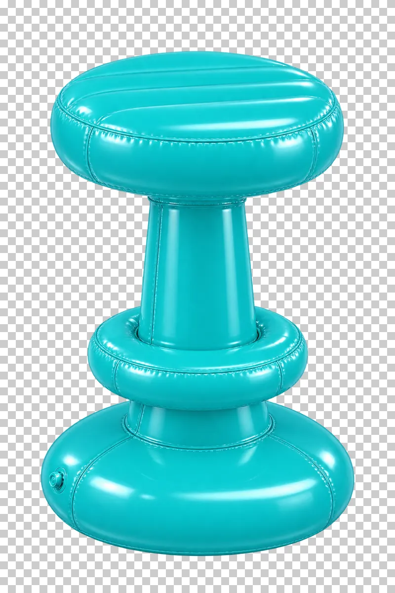 A turquoise inflatable bar stool with a round seat, an integrated footrest and a broad pedestal base.