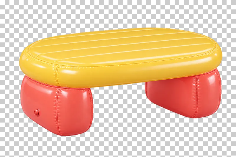 A warm yellow oval inflatable coffee table resting on two coral supports.