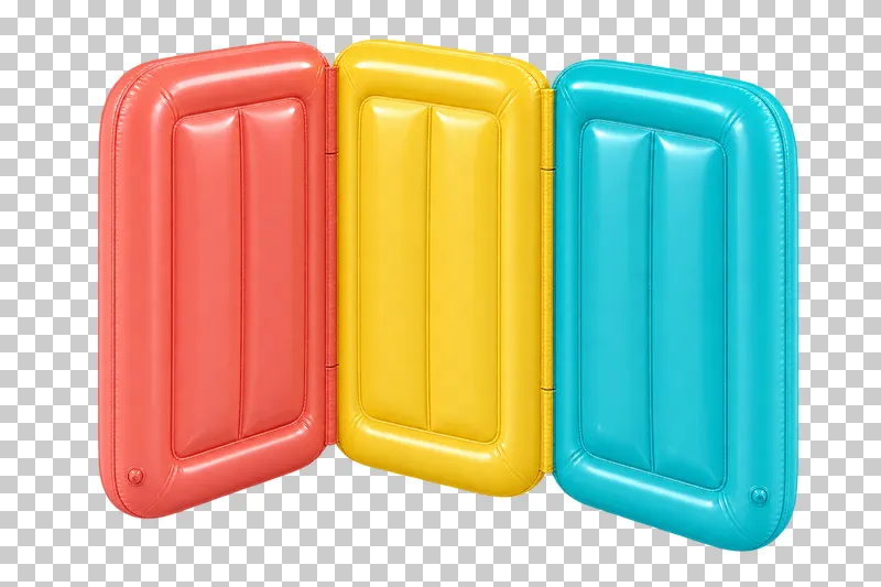 A three-panel inflatable room divider with coral, yellow and turquoise panels joined by flexible hinges.