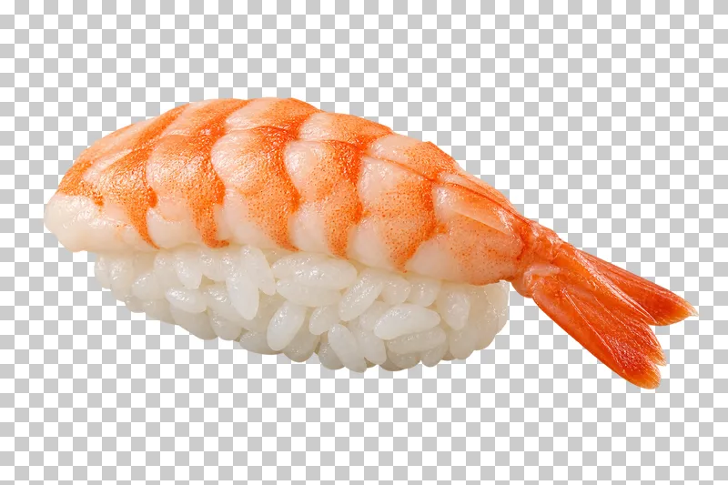 Butterflied cooked shrimp nigiri.