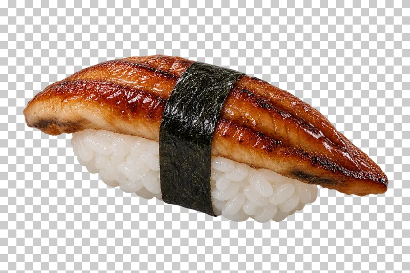 Grilled eel nigiri with a thin glaze and nori band.
