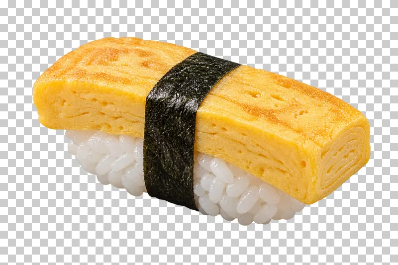 Layered tamago omelette nigiri with nori band.
