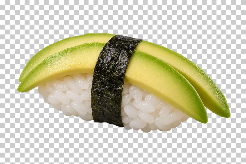 Fanned avocado nigiri with nori band.