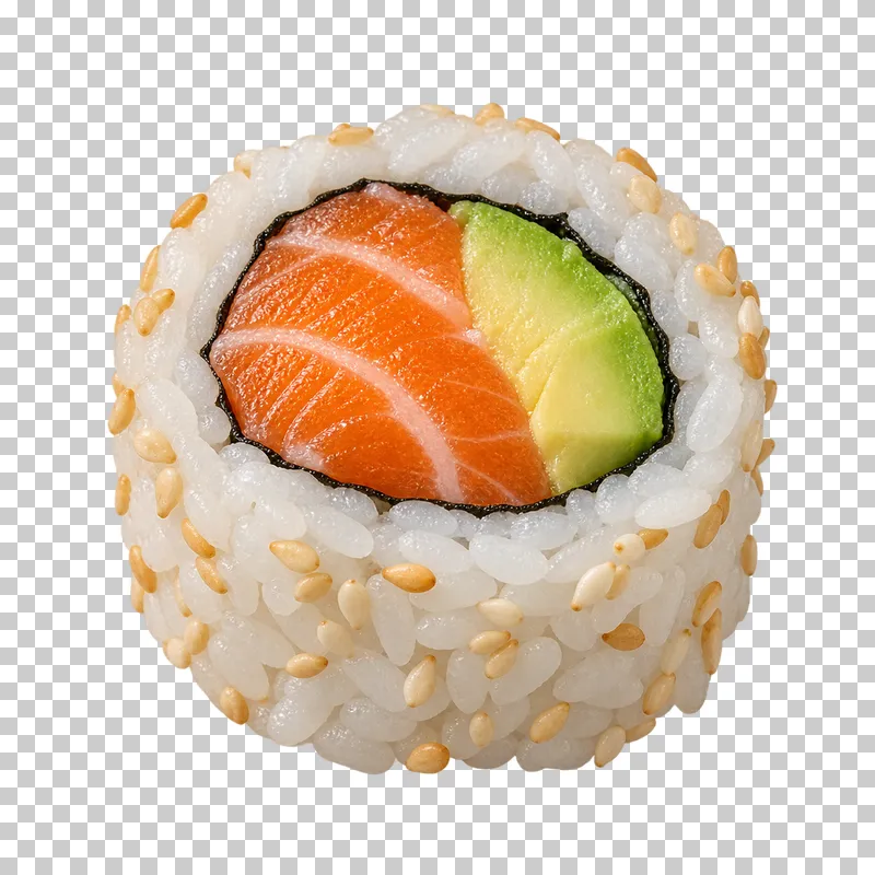 Salmon and avocado uramaki with white sesame exterior.