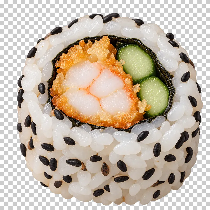 Shrimp tempura and cucumber uramaki with black sesame exterior.
