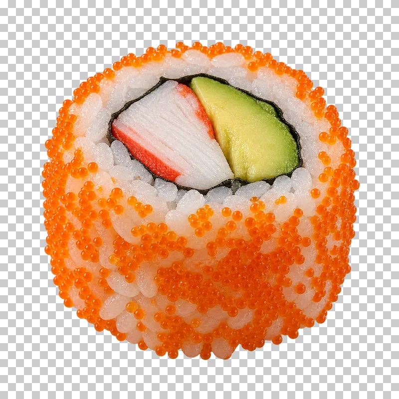 Surimi and avocado uramaki with orange tobiko exterior.