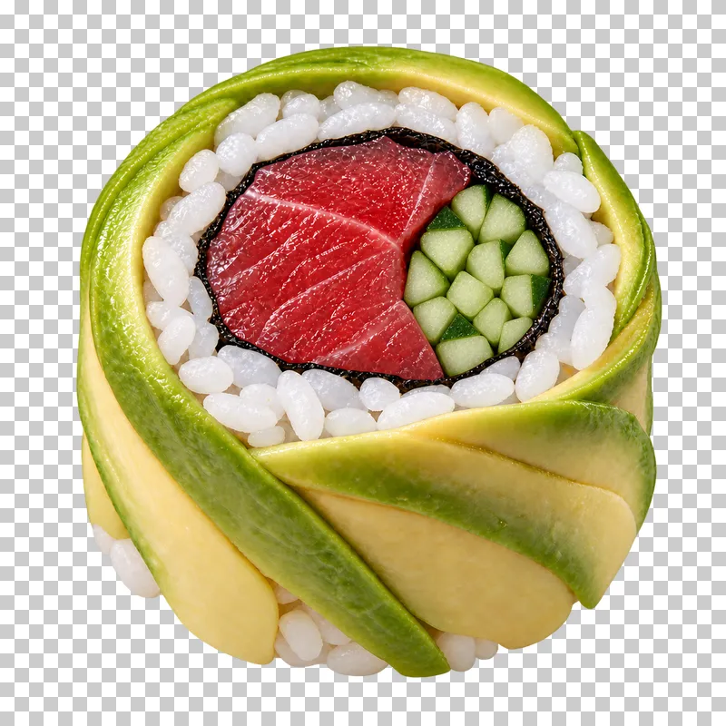 Tuna and cucumber uramaki with sliced avocado exterior.