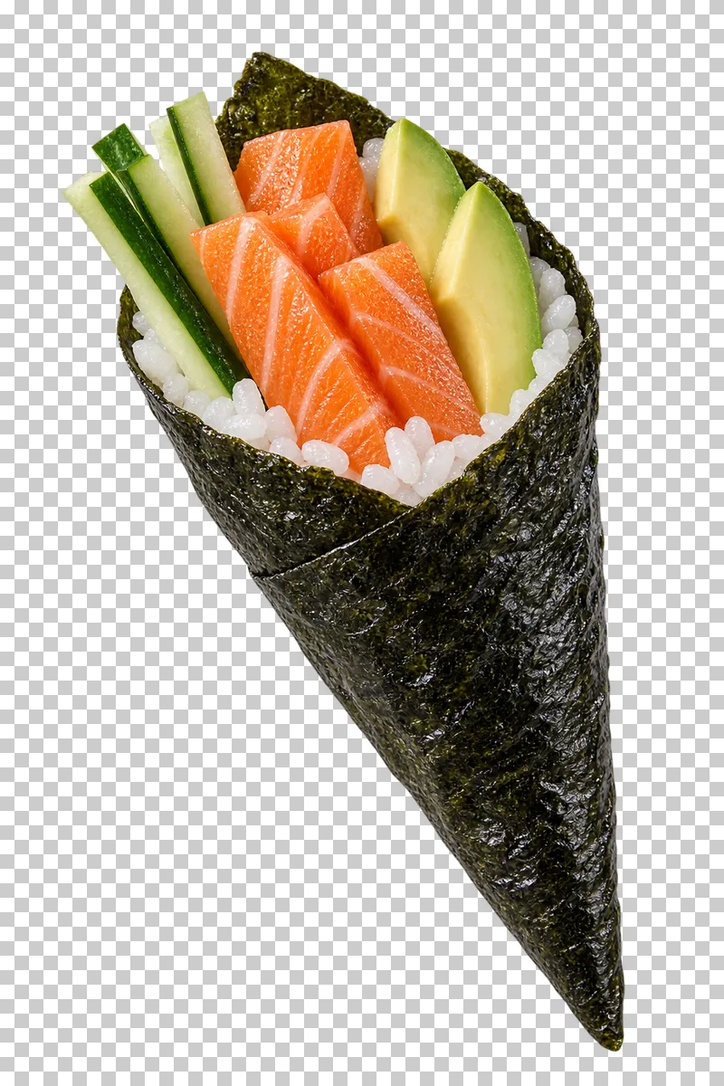 Salmon, avocado and cucumber temaki.