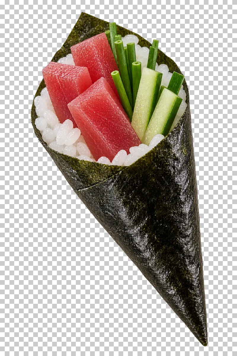 Tuna, cucumber and chive temaki.