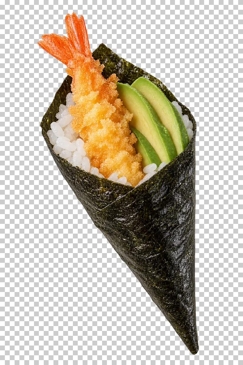 Shrimp tempura and avocado temaki.