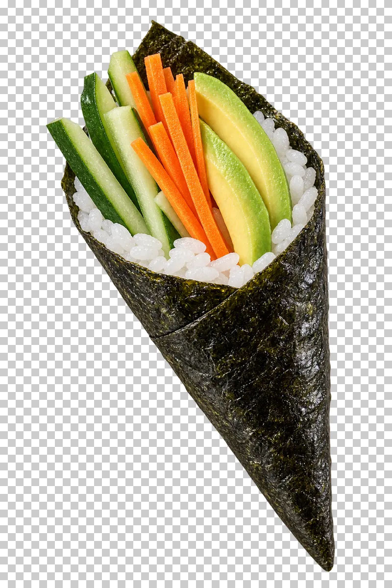 Cucumber, avocado and carrot temaki.