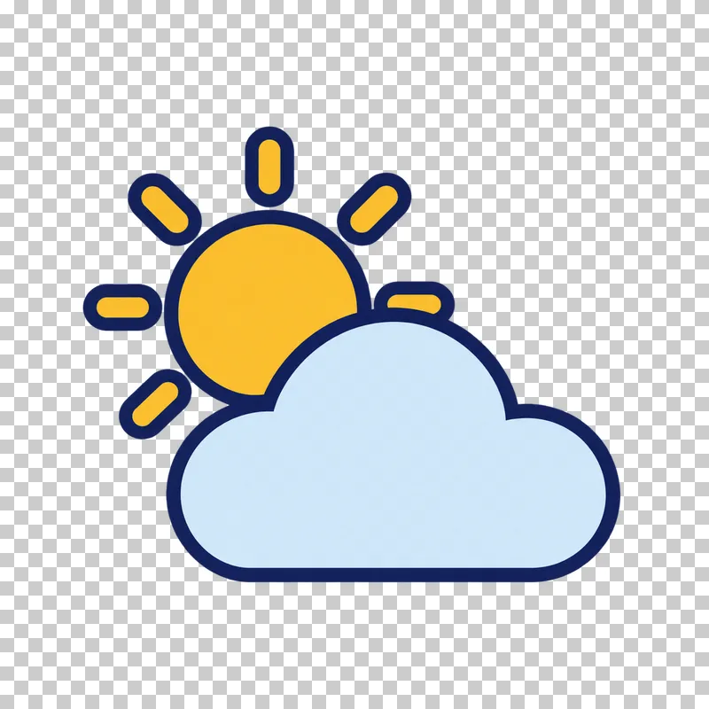 A golden yellow sun with rounded rays sits behind a light blue cloud, both outlined in navy.