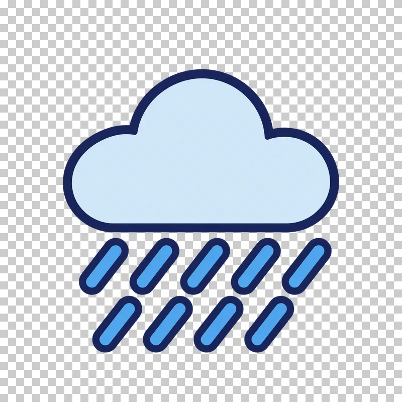 A light blue cloud sits above nine slanted sky blue raindrops in two rows, all outlined in navy.