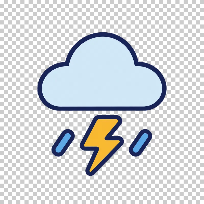 A light blue cloud hangs above a golden yellow lightning bolt and two sky blue raindrops, all outlined in navy.