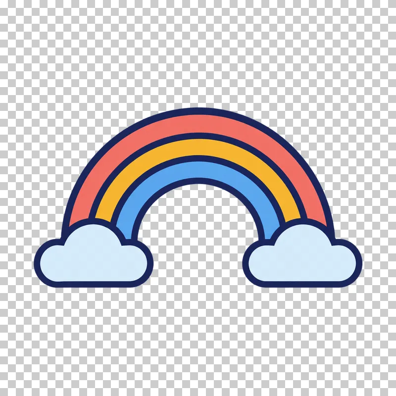 Coral, golden yellow, and sky blue arches outlined in navy span two small light blue clouds.