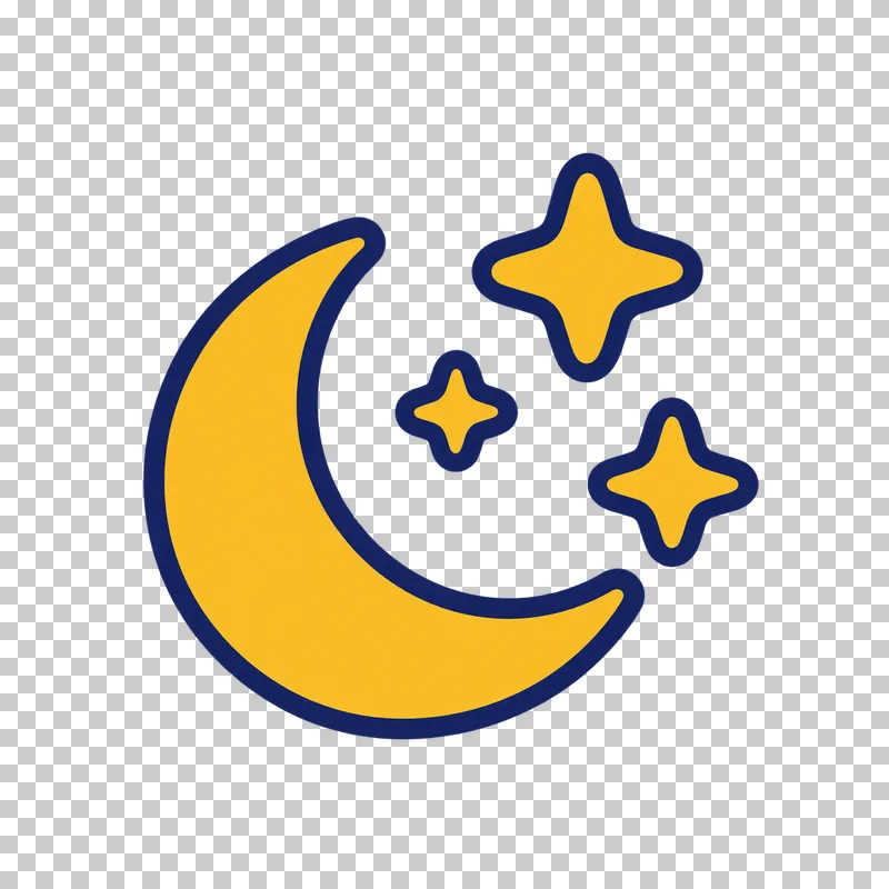 A golden yellow crescent moon sits beside three golden yellow four-pointed stars, all outlined in navy.